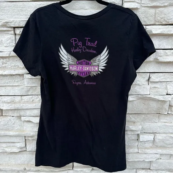 HARLEY-DAVIDSON H-D Pig Trail‎ Pink Purple Skull Wings Graphic V Neck Womens XL - Image 2