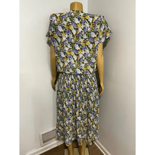 Leslie Fay Vintage Floral Pleated Midi Dress Purple Yellow Hydrangea Size 14 - Image 5