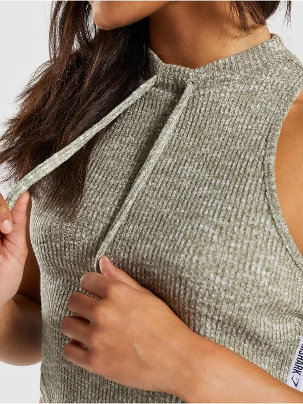Gymshark Slounge Khaki Green Ribbed Cropped Tank with Drawstring - Image 3