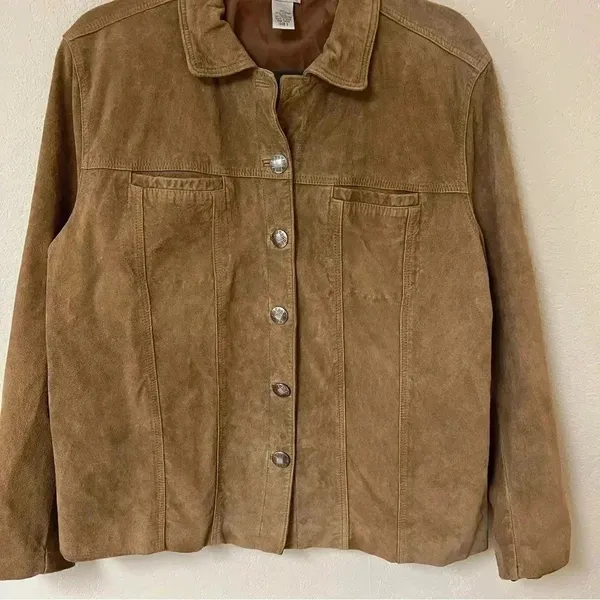 Chico's Womens Size 3 Suede 100% Leather Lined Tan Jacket With Metal Buttons - Image 2