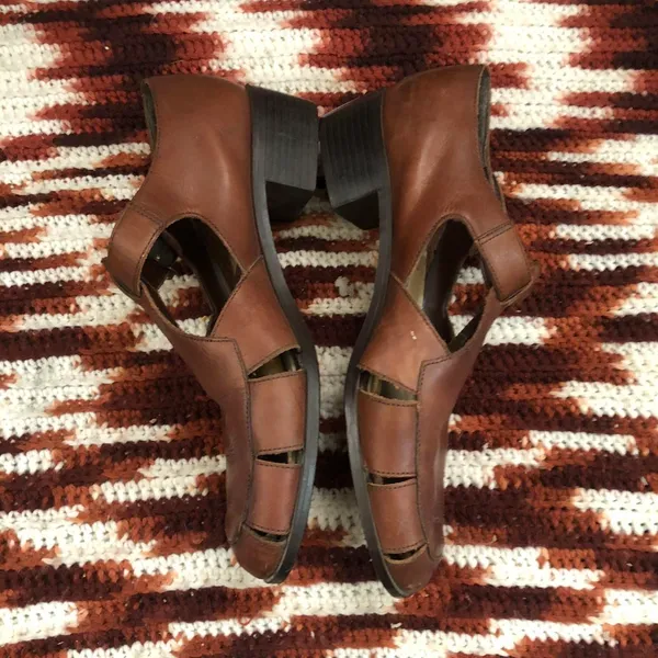 VTG Brown Leather woven Fisherman Pilgrim Sandals Maryjane loafers flats shoes #peasant #cottagecore #western #boho, #indie vintage Size 9 - Image 3