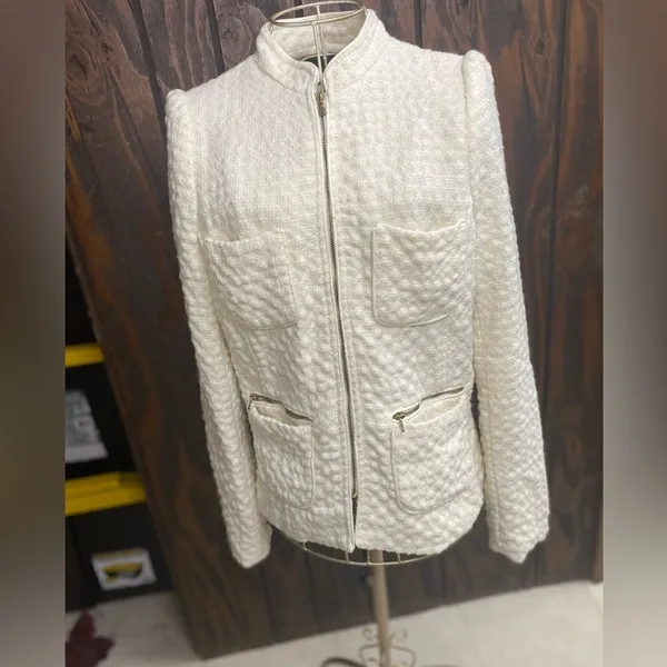 Zara Wool Blend Zip Front Textured Blazer Medium Winter White - Image 6