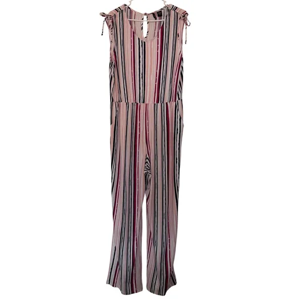 New Directions sz XL Striped Tie Sleeve Wide Leg Jumpsuit Romper Comfy Stretchy - Image 5