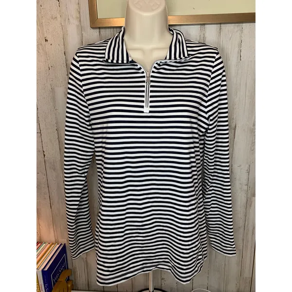 LOHLA Sport Womens Pullover Top Medium Navy White Striped 1/4 Zip Mock Neck - Image 2