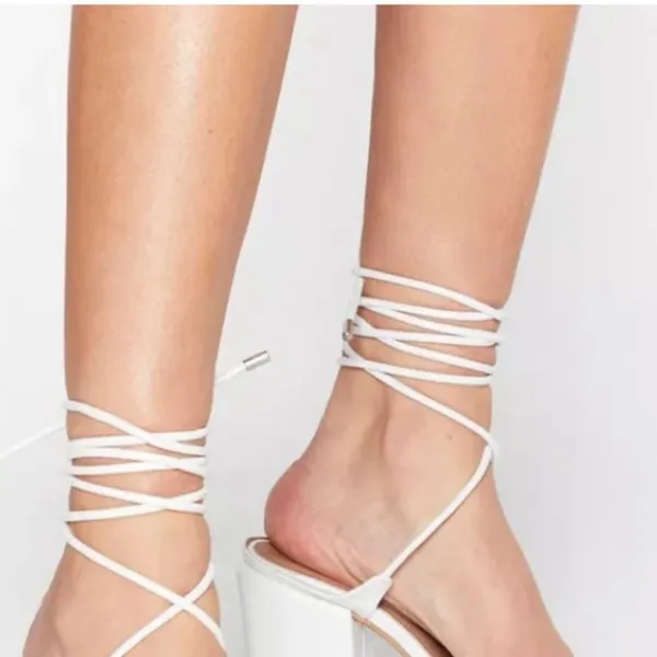 Nasty Gal White Square Toe Strappy Ankle Tie Cone Heel Sandal Shoes 9 - Image 4