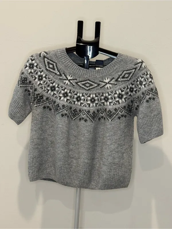 CeCe Fair Isle Short Sleeve Sweater XL Gray Black White - Image 2