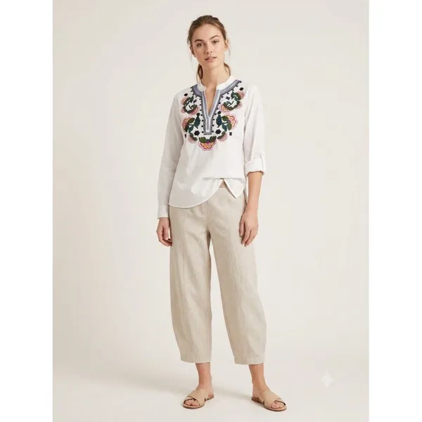 Boho Embroidered Tunic Blouse Cotton Peasant Top White Floral Resort Coverup M - Image 10