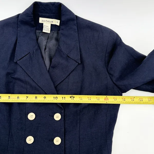 Ann‎ Taylor Navy Blue Linen Blend Double Breasted Blazer Jacket Womens 8 Vintage - Image 2