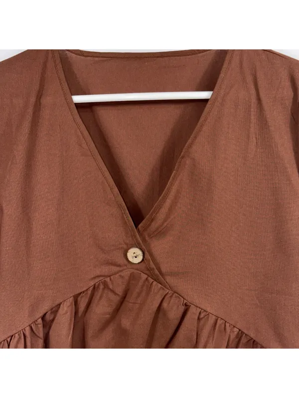 Women’s Brown Wrap Style Babydoll Blouse Size Large Short Sleeve - Image 2