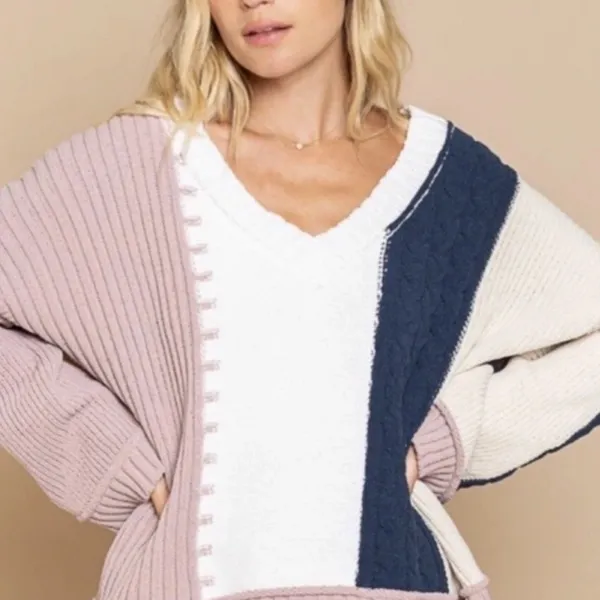 POL V-Neck Color Block Chunky Knitted Sweater Women’s‎ Size M - Image 2