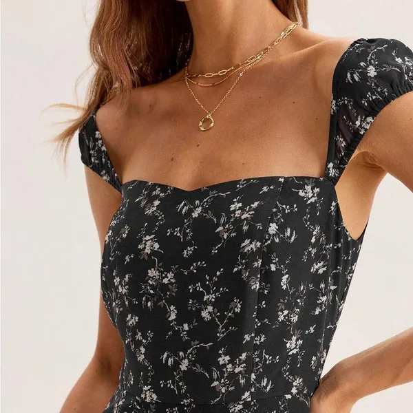 RIHOAS Black Floral Sweetheart Neck Midi Dress - Image 2