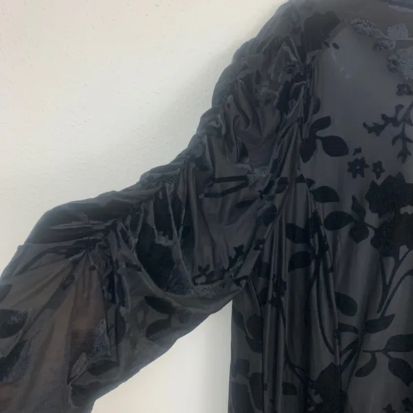 Zapelle Women's L/XL Black Sheer Burnout Velvet Floral Midi Dress Ruched Sleeves - Image 4