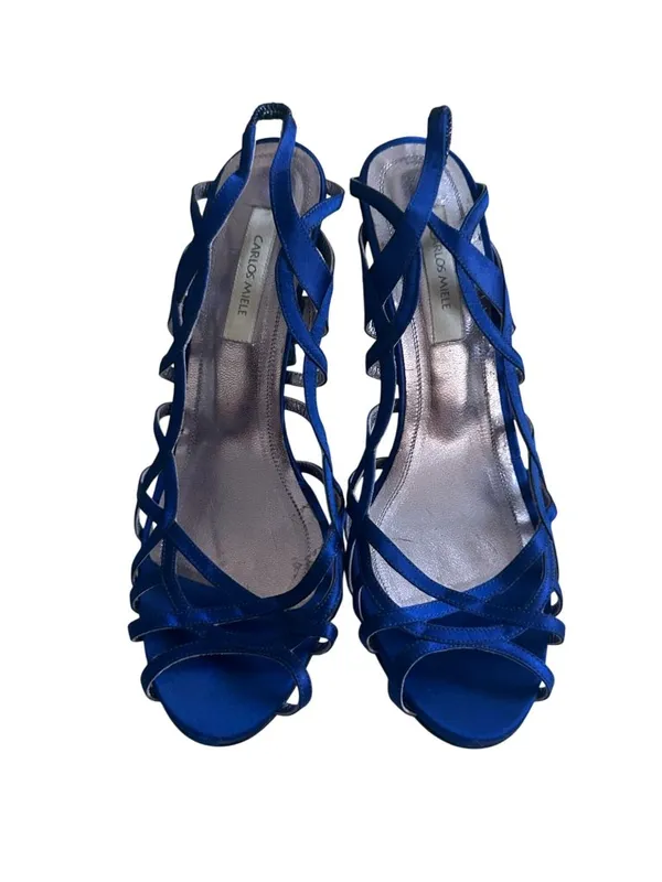 Carlos Miele Womens Strappy Royal Blue Satin Open-Toe Heels Size 38 - Image 4