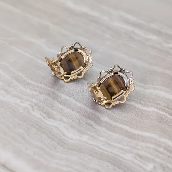 Vintage Clip On Earrings Tigers Eye with Ornate Halo Brown & Gold Tone Earrings - Image 4