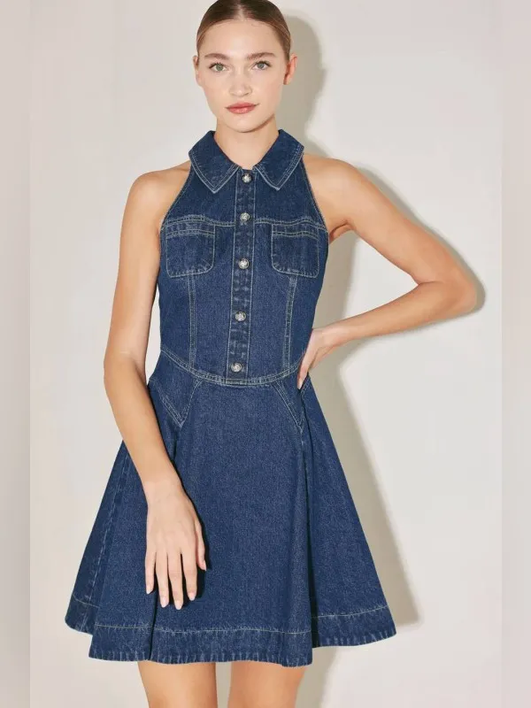 Nordstrom Denim Halter Mini Dress Button Front Fit & Flare A-Line Sleeveless S - Image 2