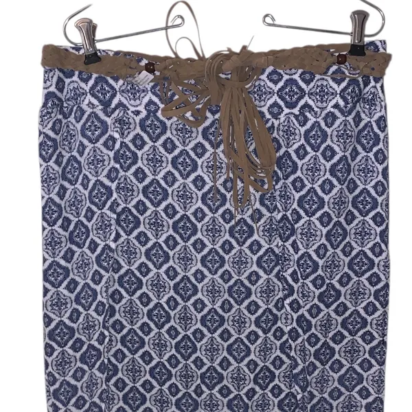 Faded Glory Blue Patterned Women's Maxi Skirt Twisted Faux Leather Belt Flap - Image 2