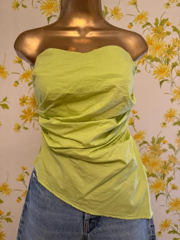 Zara Lime Green Strapless Asymmetric Draped Top size S - Image 4