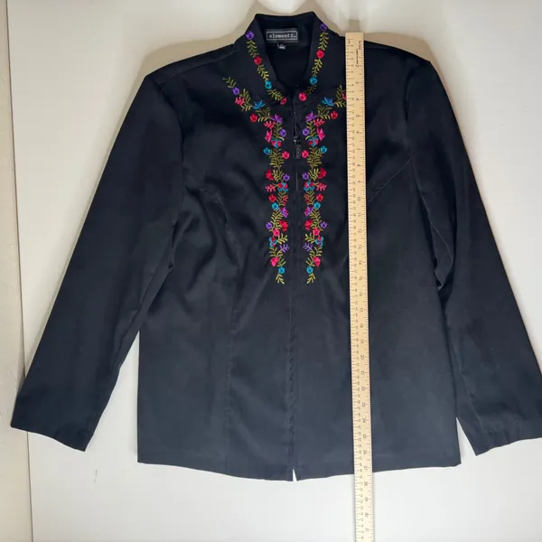 Elementz Floral Embroidered Faux Suede Zip Up‎ Jacket XL Black Retro Y2K Hippie - Image 6