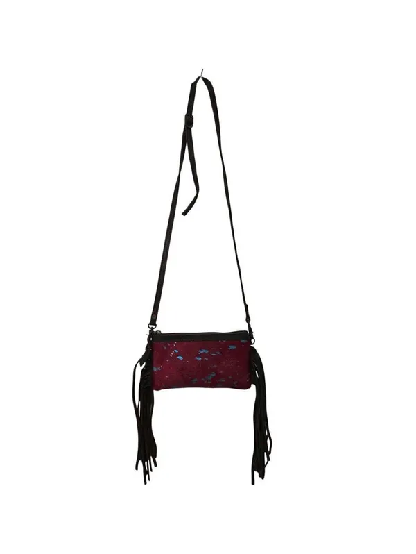American Darling Western Crossbody Purse Red Cowhair Leather Fringe Aztec Girl - Image 2