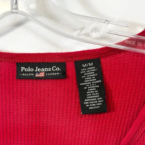 VTG Polo‎ Ralph Lauren Medium Henley Top Red Waffle Knit Thermal Y2K Preppy 1501 - Image 7