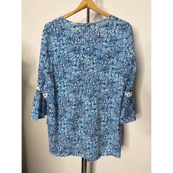 Lilly Pulitzer Blue Floral Crochet Lace Trim Bell Sleeve Tunic Top - Image 5