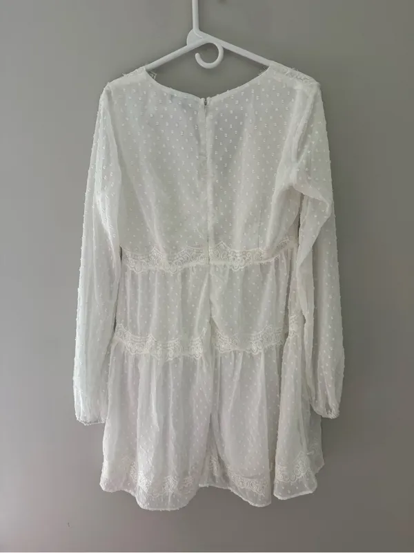 Lulus White Swiss Dot Lace Long Sleeve Babydoll Mini Dress M - Image 6