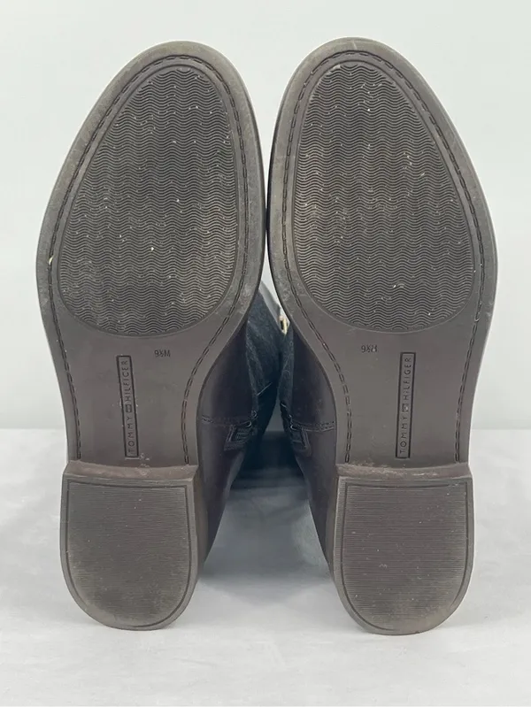 Tommy Hilfiger Madelen 2 Brown Leather Charcoal Wool Gold Logo Riding Boots 9.5 - Image 9