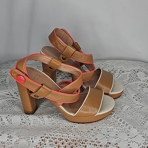 See by Chloe tan pink strappy snap ankle strap open toe block heels sz 6 - Image 2