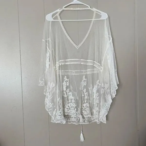 Forever 21 Sheer Lace Kimono White Boho Beach Cover Up Crochet Detail One Size - Image 2