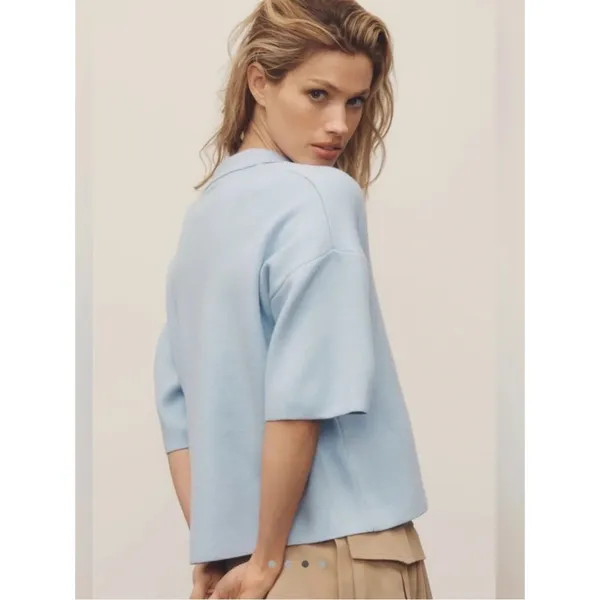 Maeve Anthropologie The Elliot Light Blue Pearl Embellished Knit Polo Top Sz SM - Image 2