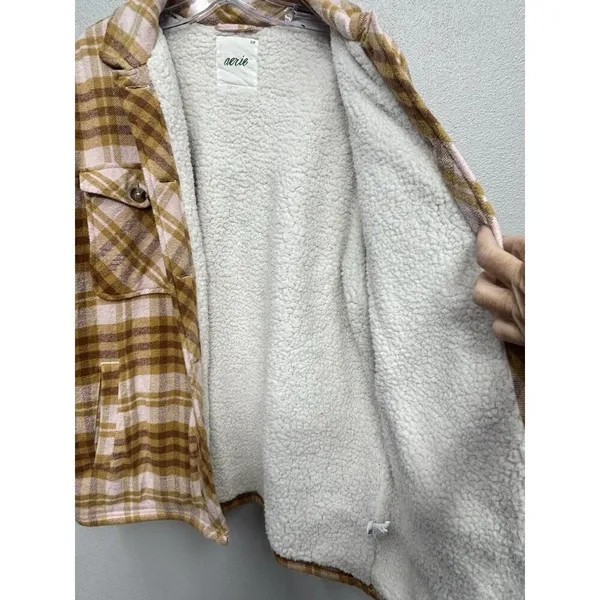Aerie Womens Shacket Shirt Jacket Small Yellow Pink Plaid Flannel Sherpa Lined - Image 9