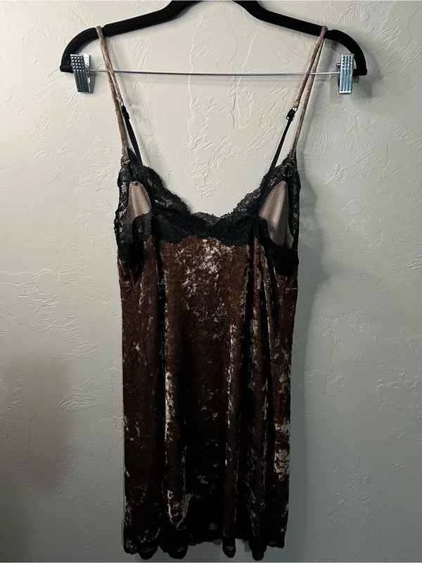 Arianne Vintage 90s Chocolate Brown Velvet Black Lace Slip Mini Dress - Image 6