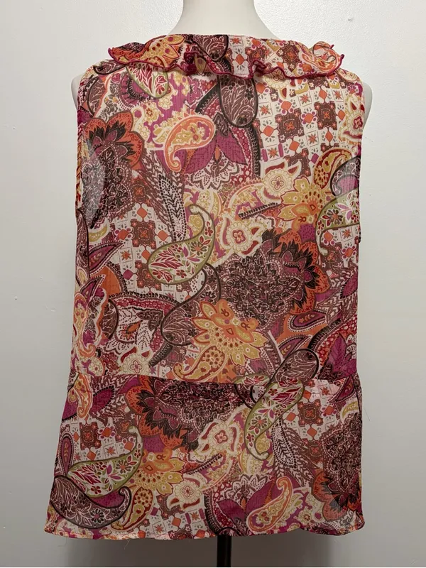 Studio 1940 Paisley Ruffle Sleeveless Blouse Size L Pink Orange Boho Peasant - Image 4