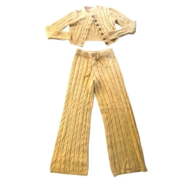 Cropped Ribbed Sweater Set Cardigan Flare Pant Sz M - Image 6