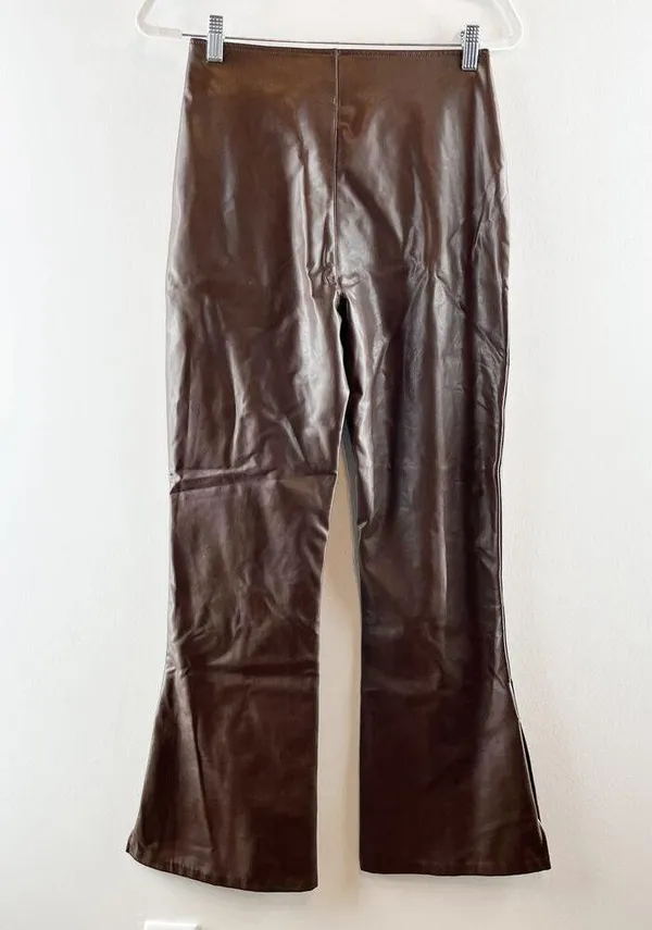 Abercrombie & Fitch Vegan Leather High Rise Pull On Flare Pants Brown Medium - Image 10