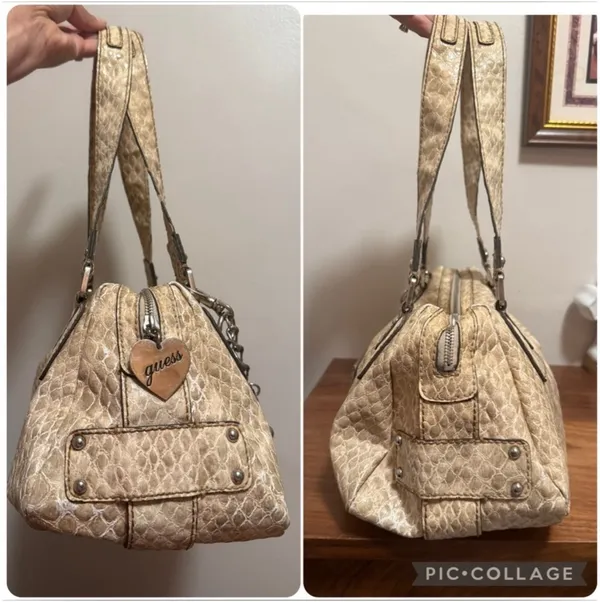 Guess Beige/Tan Textured Shoulder Bag with Metal Plaque - Image 4