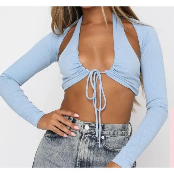 White Fox Boutique Runway Ready Halter Neck Open Back Top in Blue - Image 5