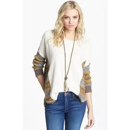 Free People Beautiful Sinner Pullover Sweater Cream Mixed Knit Striped Small - Image 4