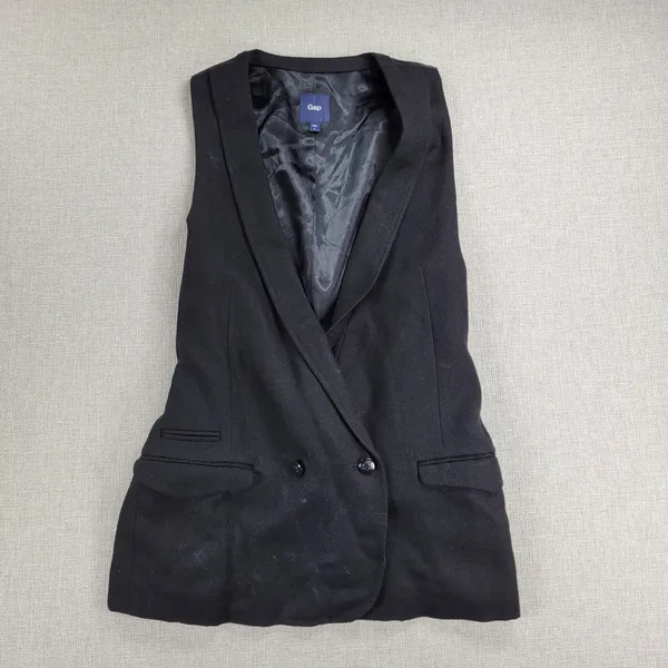 Gap Womens Vest Large Black Wool Blend Plunging Neck Waist Tie Double Breasted - Image 12