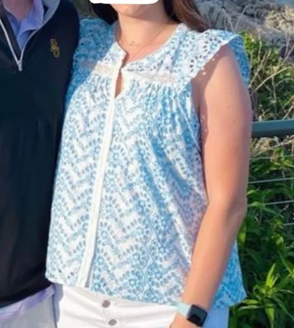 Floral Eyelet Embroidered Button-Up Blouse - Light Blue & White Sleeve - Image 6