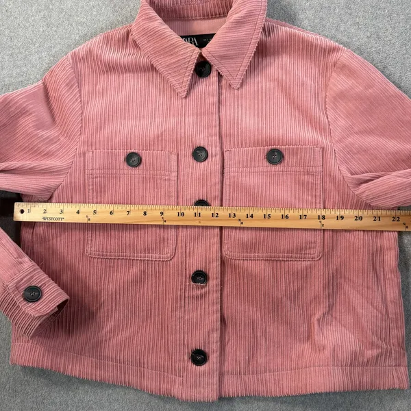 ZARA Women's Small Pink Corduroy Button Front Cropped Shacket Jacket Pockets - Image 7