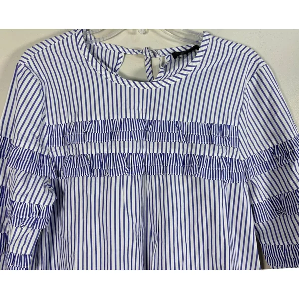 J.Crew Ruffle Stripe Blouse Womens 10 Blue‎ White Excellent Cotton Keyhole Tie - Image 5
