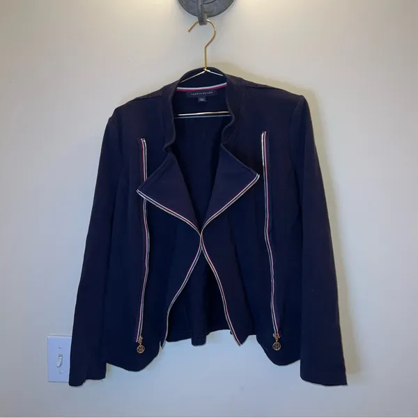 Tommy Hilfiger Navy Zip Front Jacket Gold Logo Details Size L‎ - Image 3