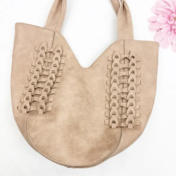Anthropologie Carson Faux Leather Braided Tote Bag Tan Boho Bohemian Festival - Image 2