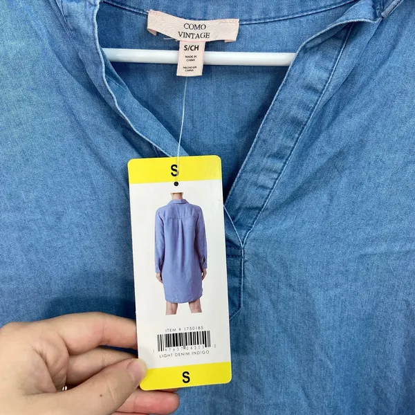 NEW Como Vintage women's light blue denim indigo long sleeve collared dress S‎ - Image 4