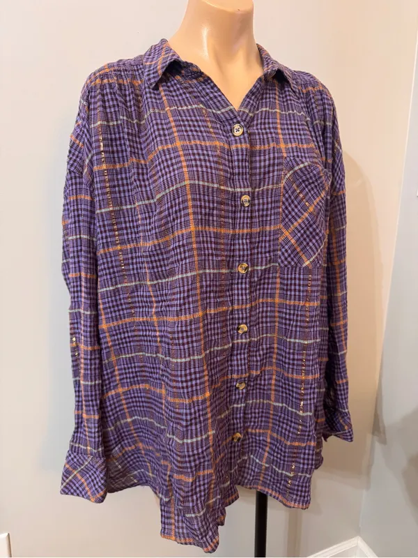 Free People Break My Stride Purple Plaid Button Down Shirt Top Medium - Image 4