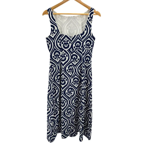 Boden Geo Cascade Slash Neck Midi Dress US 6R Navy White Cotton Geometric A Line - Image 4