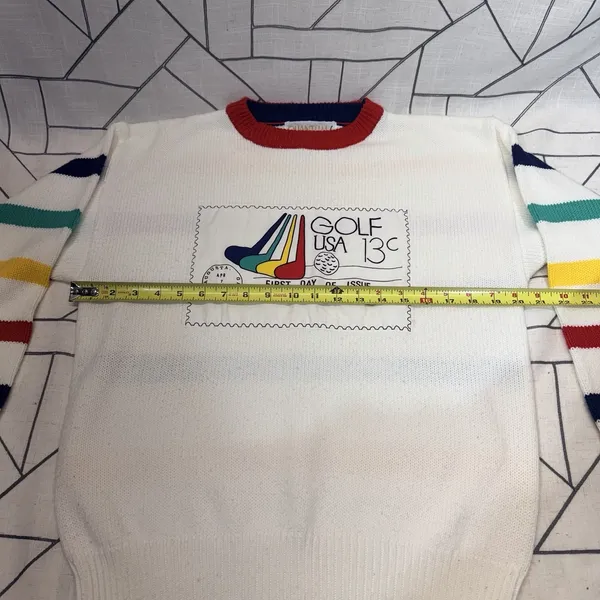 Quantum Sportswear Vintage Golf USA Sweater M White Retro Graphic‎ Stripe Sleeve - Image 7