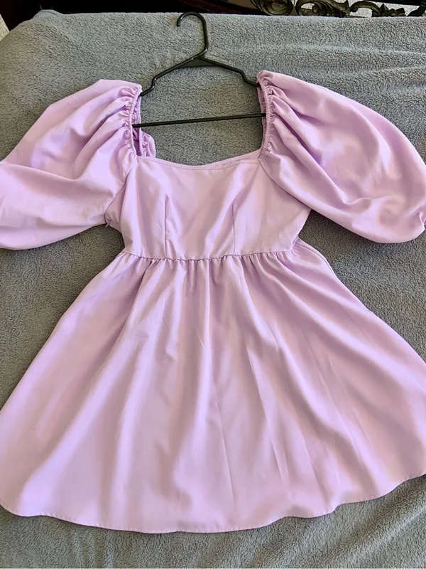 Lilac Puff-Sleeve Square Neck Mini Dress - Image 2