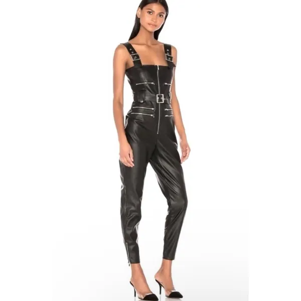 WE‎ WORE WHAT Moto Overalls Vegan Leather Black XS WWQ06 1 - Image 6